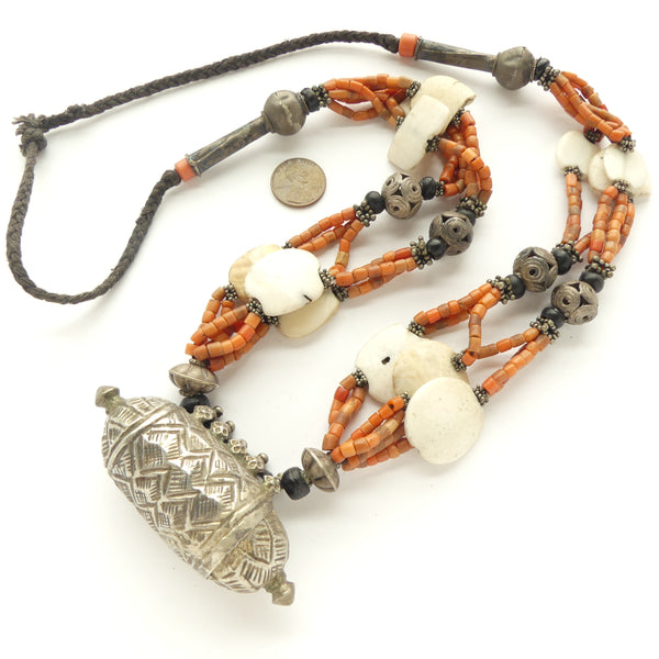 Tajikistan, Vintage Wedding Necklace, Silver, Coral, Shell & Braided Cord, 35 inches long