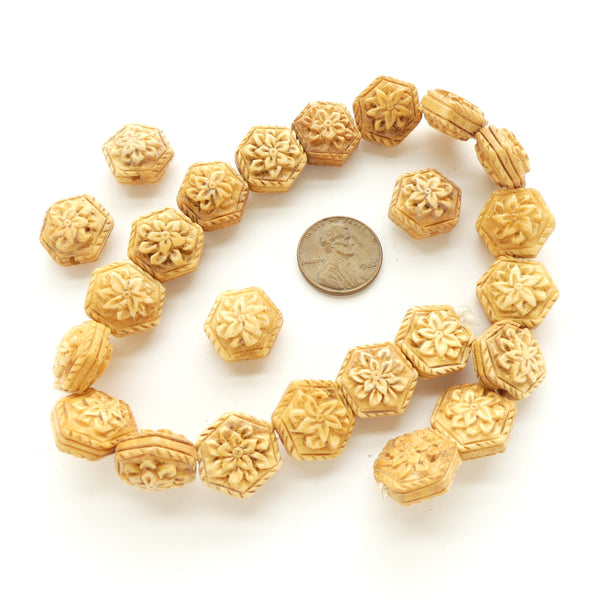 Bone, Hexagon Shaped Beads with Floral Design, 15mm Diameter, Sold in Sets of 4