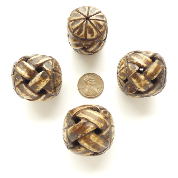 Bone, Large Round Beads, Dyed Brown Basketweave Pattern, 30mm Diameter, Sold Individually