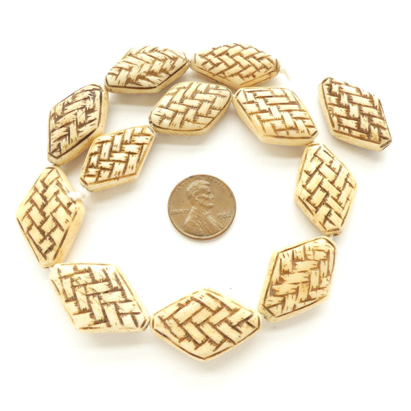 Bone, Flat Diamond Shape with Basketweave Pattern, 25x17mm, Sold in Sets of 2