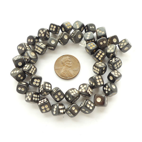 Bone, Dice, Dyed Dark Brown with Engraved Dots Showing as White, 7x7mm, Sold in Sets of 4