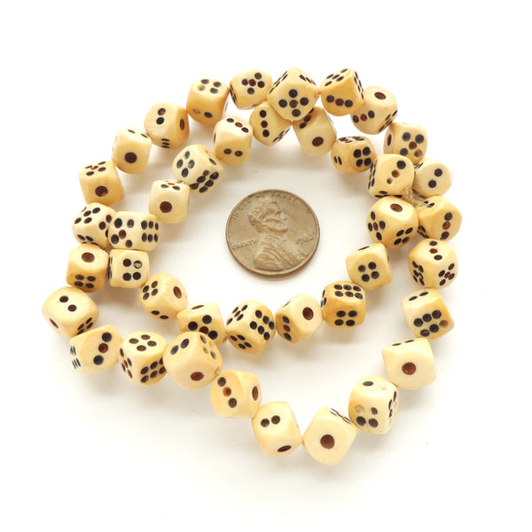 Bone, Dice Warm Beige Color with Black Dots, 7mm, Corner Drilled,  Sold by the Set of 4
