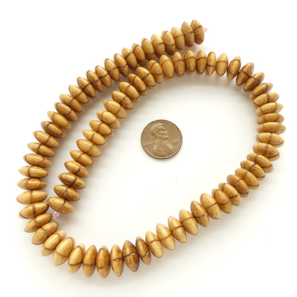Bone, Amber Color Rondelles with Darker Decorative Lines, 5x11mm, 16-inch Strand