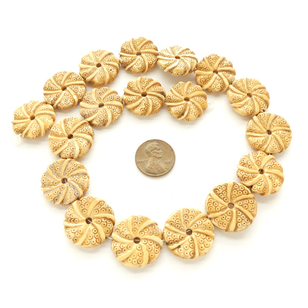 Bone, Coin Shape Beads with Spiral Design, 20mm Diameter, Sold in Sets of 2