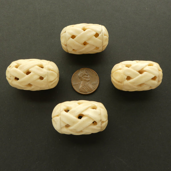 Bone, Barrels, Large and Hollow with Basketweave Design, 34x20mm, Sold Individually