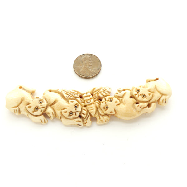 Bone, Cats on Long Vintage Centerpiece with Holes at Both Ends, 4 inches Long