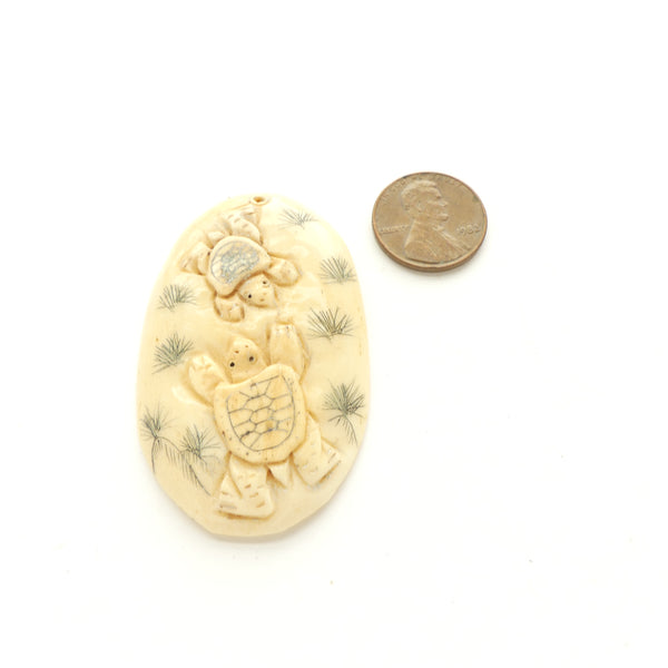Bone, Oval Pendant with Mama & Baby Turtle, 2 inches Long with Hole at the Top