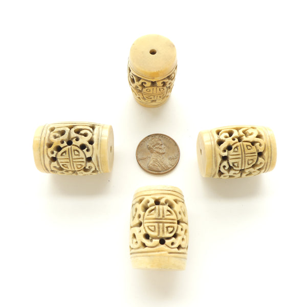 Bone, Barrels, Vintage, Large and Elaborately Carved, 27x20mm, Sold Individually