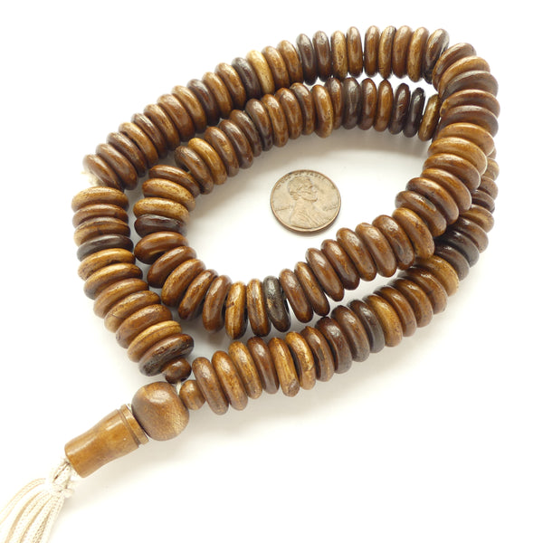 Bone, Male of 108 Bone Rondelles Dyed Dark Brown, 4x12mm with Guru Bead & Small Tassel