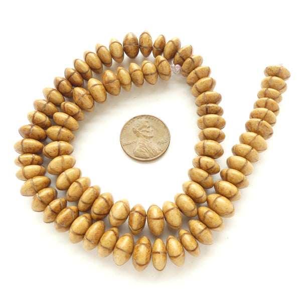 Bone, Amber Color Rondelles with Darker Decorative Lines, 6x12mm on 16-inch Strands