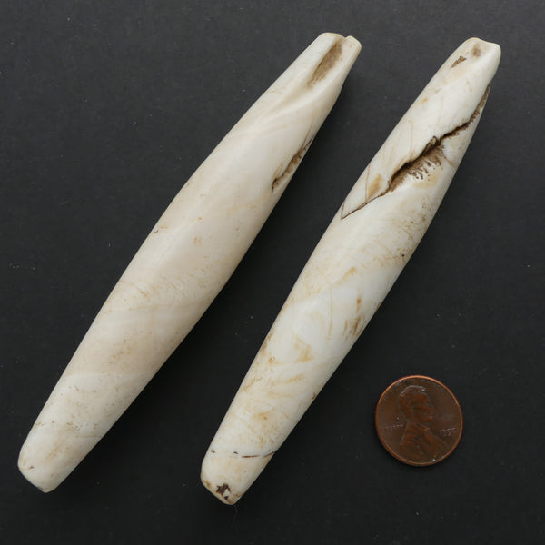 Naga, Shell Beads, Antique Chank, Extra-Long Elegant Bicones, 4 3/4" Long 3/4" Wide, Sold as Pair