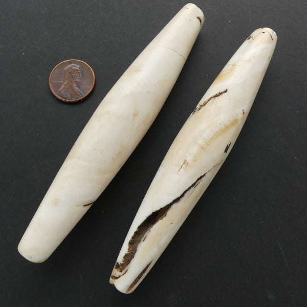 Naga, Huge Shell Beads, Antique Chank Giant Bicone 4 1/2" Long, Sold as Pair