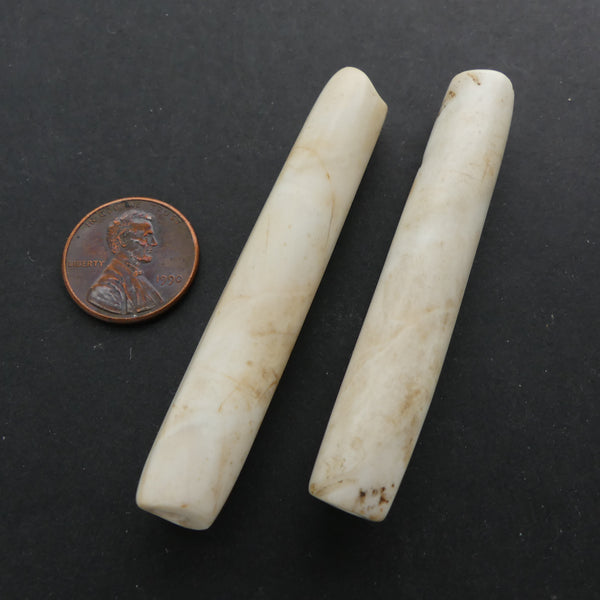 Naga, Shell Beads, Antique Chank Large Slender Tube 2 1/2" Long, Sold as Pair