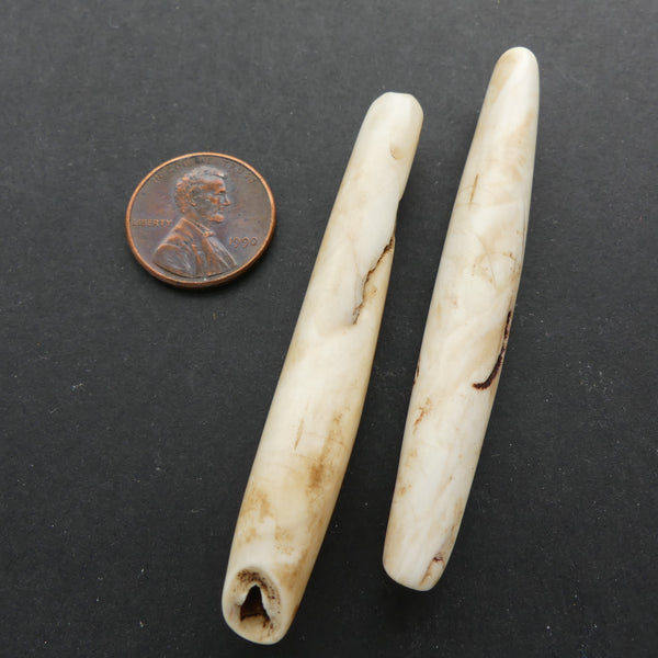 Naga, Shell Beads, Antique Chank Large Slender Tube 2 1/2" Long, Sold as Pair