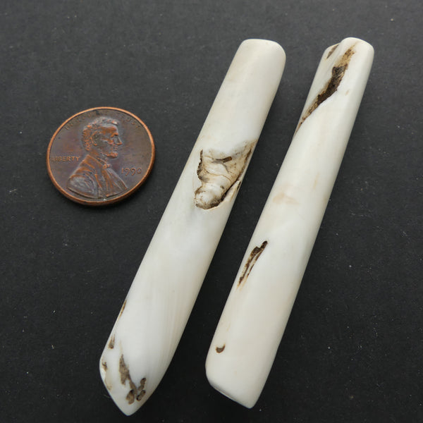 Naga, Shell Beads, Antique Chank Large Slender Tube 2 1/2" Long, Sold as Pair