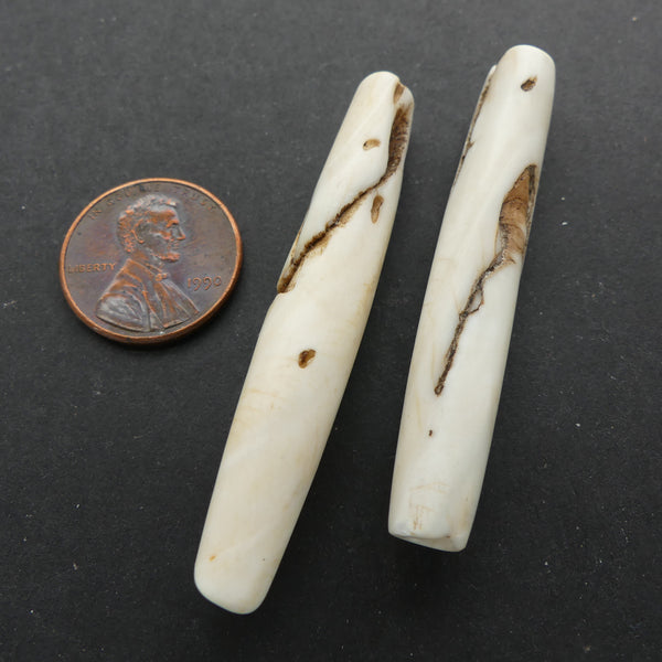 Naga, Shell Beads, Antique Chank Medium Slender Tube 2" Long, Sold as Pair
