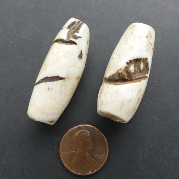 Naga, Shell Bead, Antique Chank Medium Tube 1 3/4" Long, Sold as a Set of 2