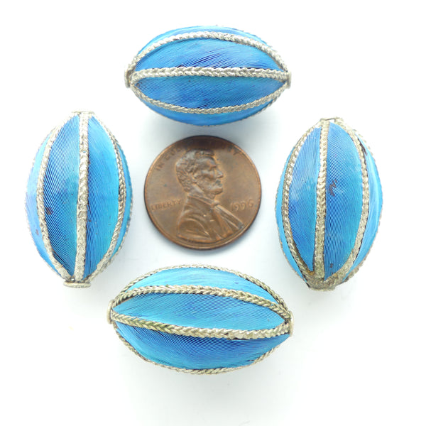 Kingfisher Feather Beads in Silver with Longitudinal Bands of Turquoise Kingfisher Feathers, Sold Individually