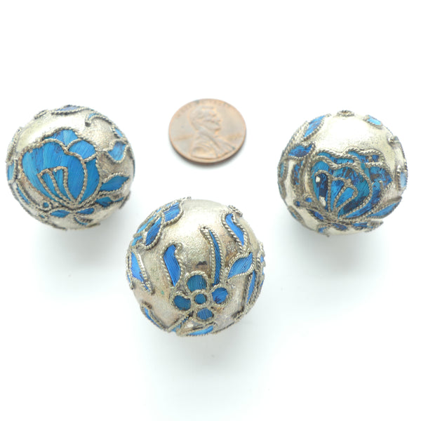 Kingfisher Feather Beads, Round 25mm, Silver with Turquoise Feathers, Slight Flaws,  Sold Individually