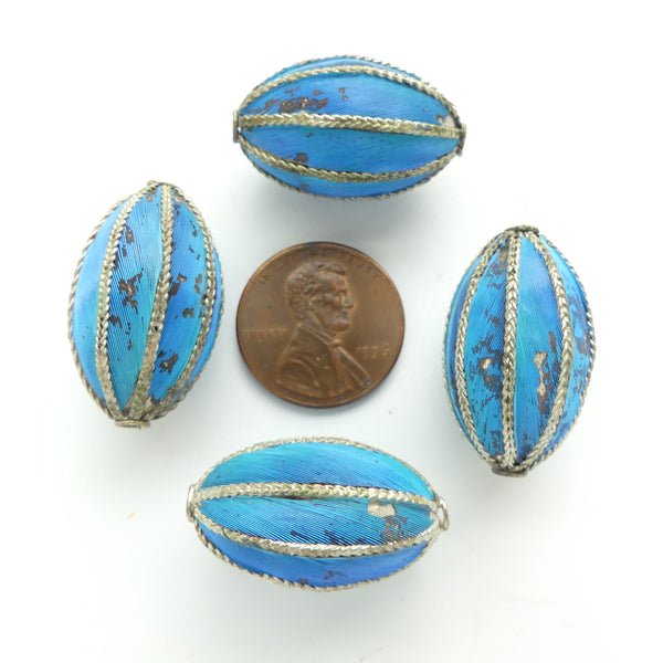 Kingfisher Feather Beads, Silver Ovals with Turquoise Feathers,  25x15mm, Damaged on One Side, Sold Individually