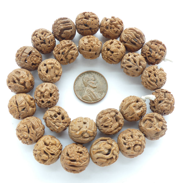 Wood, Fruit Pit with Extraordinarily Detailed Carving, 13mm Diameter Beads, Strand of 27