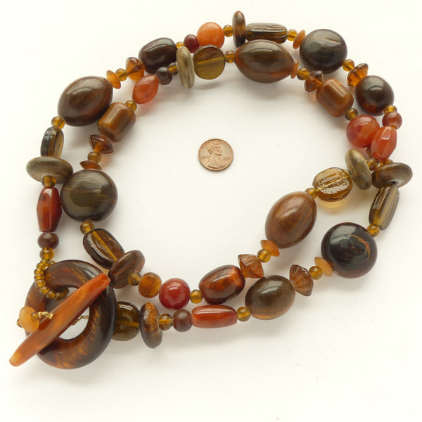 Naga Inspired Necklace of Amber Horn, Resin, Carnelian & Glass, 38 inches Long