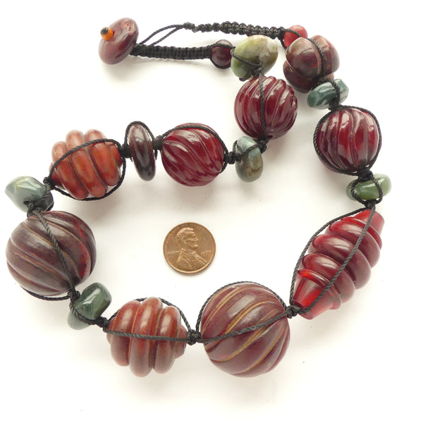 Naga Inspired Necklace of Red Buffalo Horn Beads and Resin, 18 Inches with Button Clasp