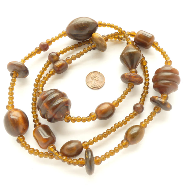 Naga Inspired Necklace, Brown Buffalo Horn and Amber Glass Beads, 40 inches Long