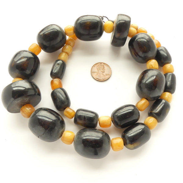 Naga Inspired Necklace, Black Buffalo Horn Beads with Yellow Amber Resin, 24 inches Long
