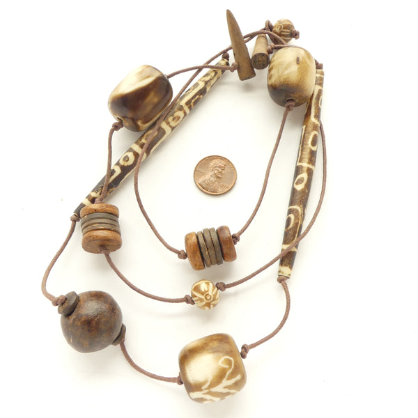 Naga Inspired Necklace, Wood, Bone, Horn, Resin with Button Clasp, 38 Inches long