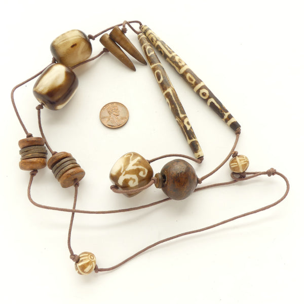 Naga Inspired Necklace, Wood, Bone, Horn, Resin with Button Clasp, 38 Inches long