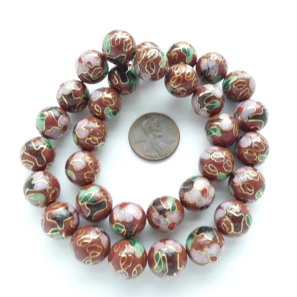 Cloisonne, Vintage Round Beads Brick Red 12mm Diameter with Flowers, Sold Individually