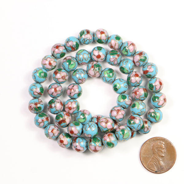 Cloisonne, Vintage Round, Turquoise with Pink Flowers, 8mm Diameter, Sold in Sets of 4