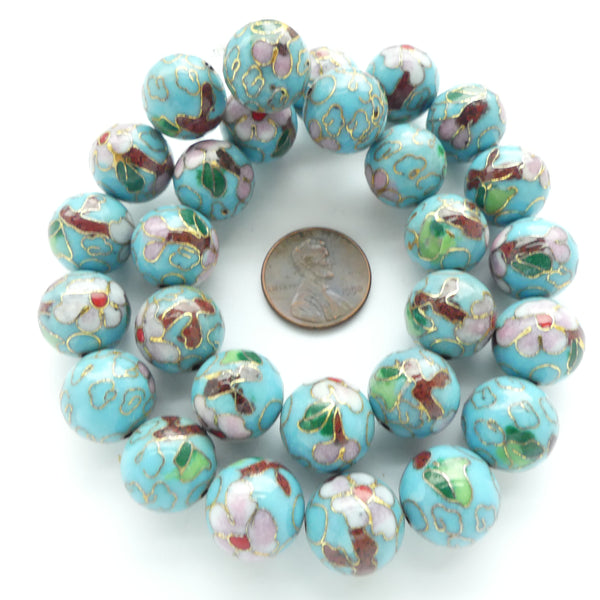 Cloisonne, Vintage Round, Turquoise with Pink Flowers, 14mm, Sold Individually