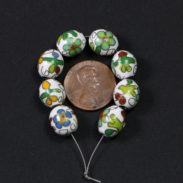 Cloisonne, Vintage Oval Beads, White 11x9mm with Flowers, Sold in Sets of 4