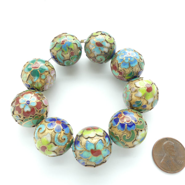 Cloisonne, Antique Collectible, Round Beads, 24K Gold Plates Base with Multi-Color Designs, 20mm, Sold Individually