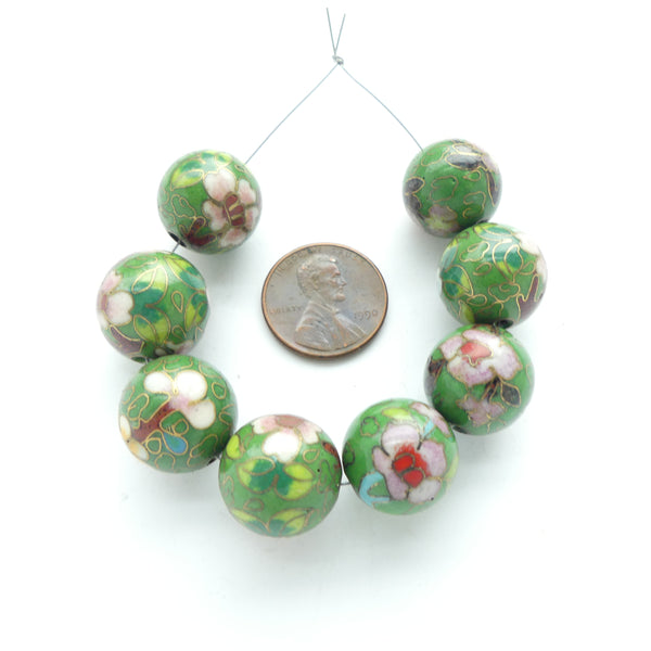 Cloisonne, Vintage Round, Green 15mm "Flower Power" Style, Sold Individually