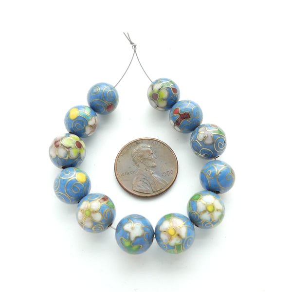 Cloisonne, Vintage Round, Turquoise with Pink Flowers, 10mm Sold Individually