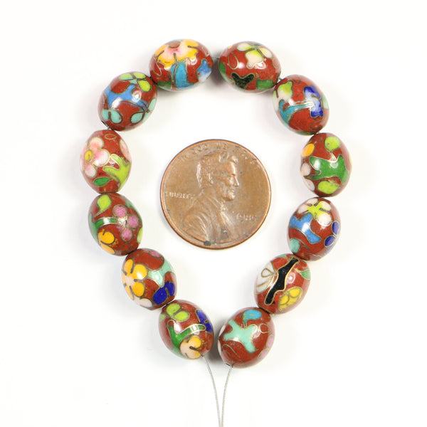 Clooisonne, Vintage Oval Beads, Brick Red with Flowers 11x9mm, Sold in Sets of 4