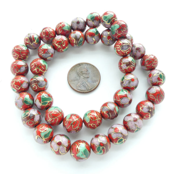 Cloisonne, Vintage Round, Bright Red with Green & Pink Flowers, 10mm, Sold Individually