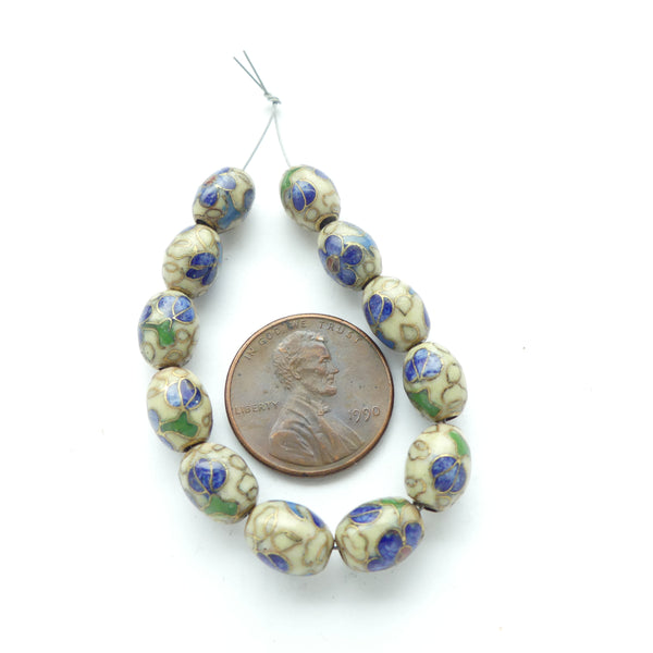 Cloisonne, Vintage Oval Beads, 7x10mm Light Yellow/Beige with Flowers, Sold in Sets of 4