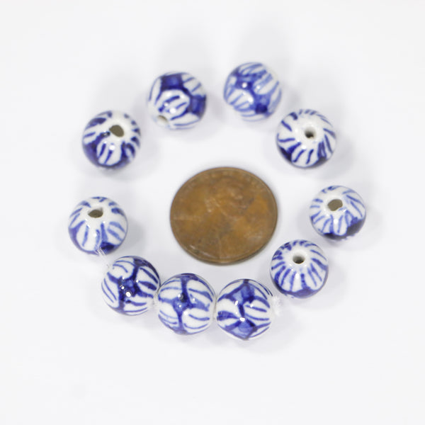 Blue & White Porcelain, Round 10mm, Sylized Petals Design, Set of 10