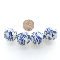 Blue & White Porcelain, Round 20mm with Dragon Design, Sets of 4