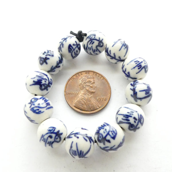 Blue & White Porcelain, Round 10mm with Bird Design, Sets of 12