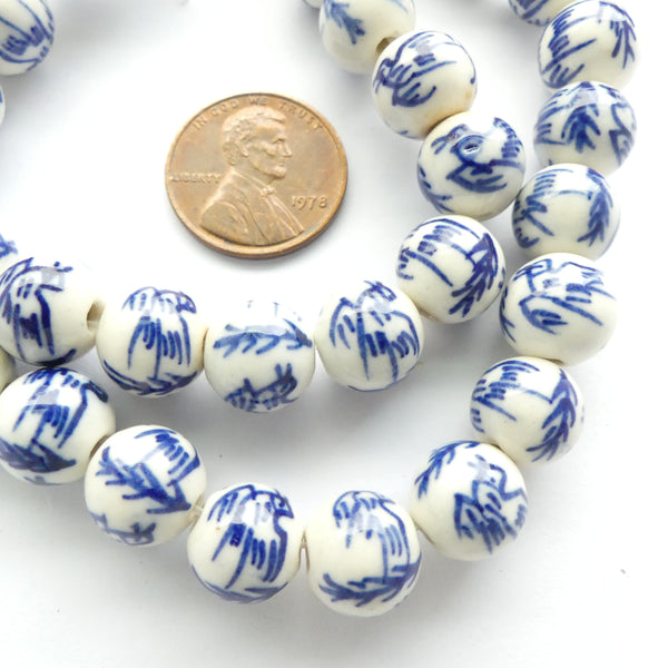 Blue & White Porcelain, Round 10mm with Bird Design, Sets of 12