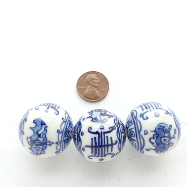 Blue & White Porcelain, Round 26mm, Bats and Auspicious Symbols, Sets of 3