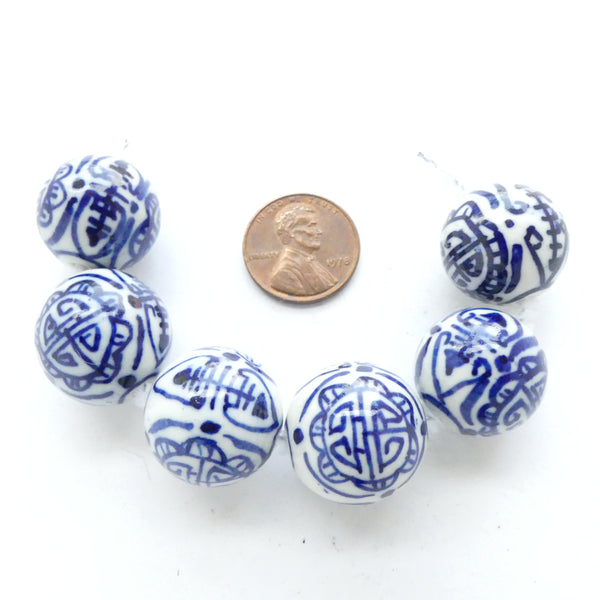 Blue & White Porcelain, Round 18mm with Auspicious Symbols, Sets of 6