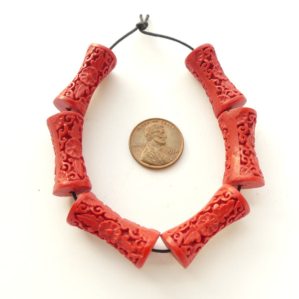 Cinnabar, New, Bamboo Shape, 25x8mm, Floral & Leaf Designs, Sold by the Set of 6