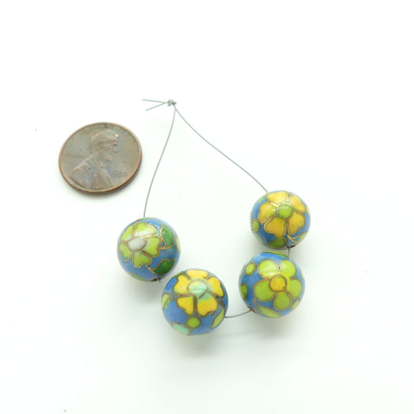 Cloisonne, Vintage Round, 12mm, Medium Blue with Green & Yellow, Sold Individually