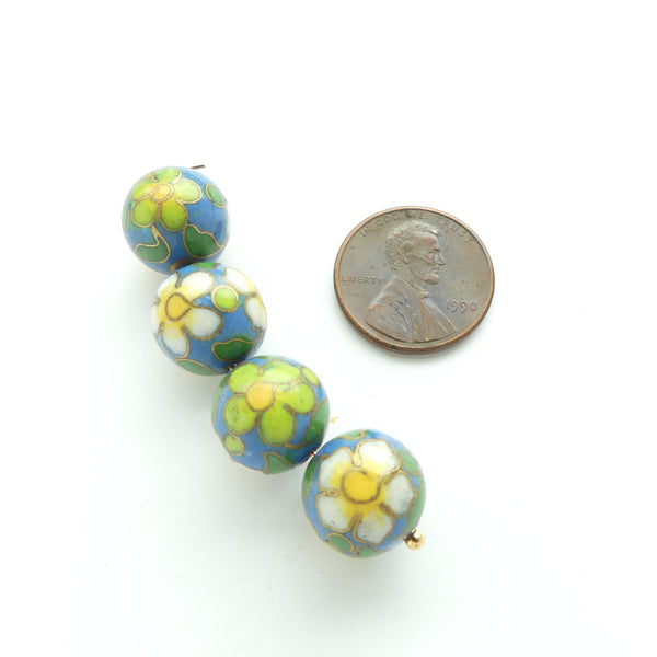 Cloisonne, Vintage Round 12mm, Medium Blue w/ Yellow & White, Sold Individually